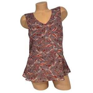 Cabi Womens Small Crane Bird Print Peplum Blouse Purple Orange Sleeveless V-Neck